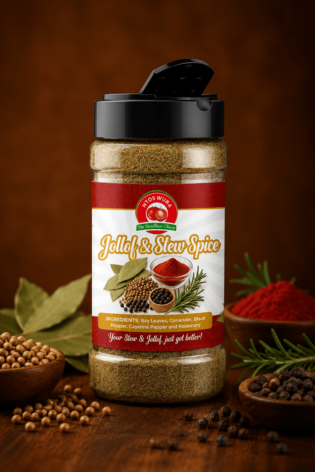 Ntoswura Jollof & Stew Spice - A premium dry spice blend crafted for the perfect jollof and stew. Made with bay leaves, coriander, black pepper, cayenne pepper and rosemary.