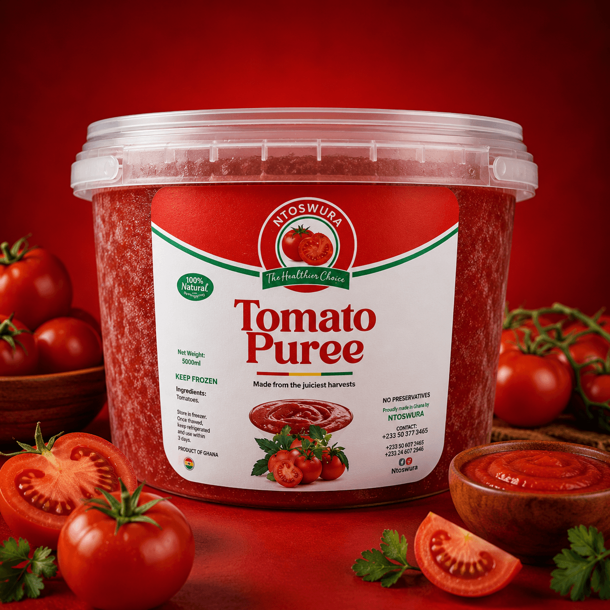Ntoswura Tomato Puree (4L Bucket) - Our premium Tomato Puree in a bulk 4L bucket. Rich, thick, and perfect for high-volume cooking and catering.